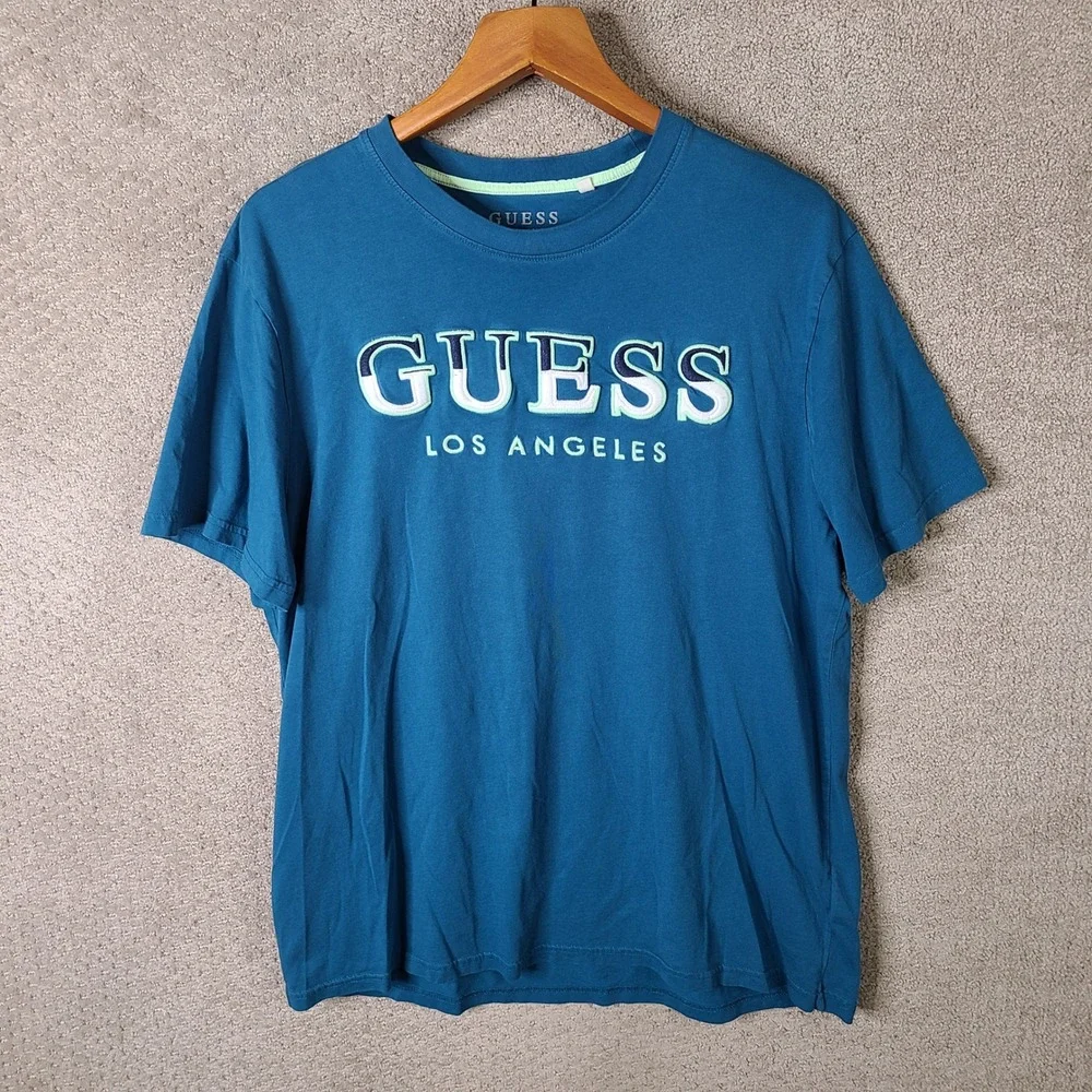 Guess Shirt Mens XXL Blue Teal Embroidered Logo Short Sleeve Tee Casual - Picture 1 of 9